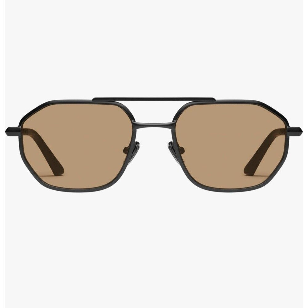 Quay En Route Aviator Sunglasses  a matte black metal frame and tan lenses.